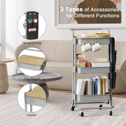 DTK 3 Tier Metal Utility Rolling Cart with Table Top and Side Bags, Tray Storage Organizer Wheels, Art Craft 4 Hooks for Kitchen Bathroom Office Living Room (Black)