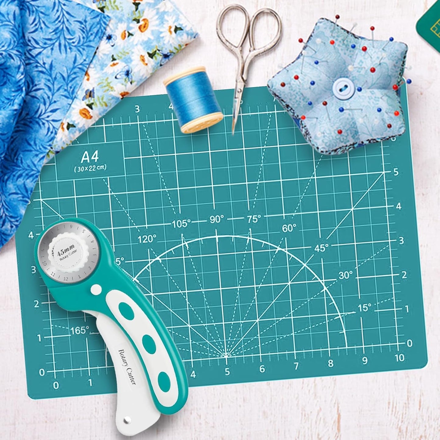 Headley Tools Rotary Cutter Set - 45mm Fabric Cutter, 5 Extra Rotary Blades, A3 Cutting Mat, Quilting Ruler and Sewing Clips, Craft Knife Set, Ideal for Crafting, Sewing, Patchworking, Purple