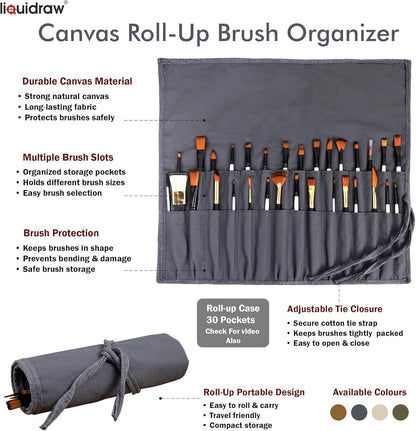 Liquidraw 30 Pocket Canvas Paint Brush Holder - Natural | 21" x 18" | Roll Up Brush Storage Pouch | Ideal Case for Paintbrush & Art Tool Storage | Easy to Carry | Also Great for Storing Makeup Brushes