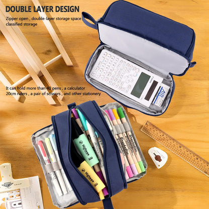 MAMUNU Large Capacity Pencil Case 4 Compartments, Pencil Pouch Bag with Zipper Portable Handle, Pen Case Bag Stationery Organizer for Office College School Adults Teen Girls Boys Men Women, Black