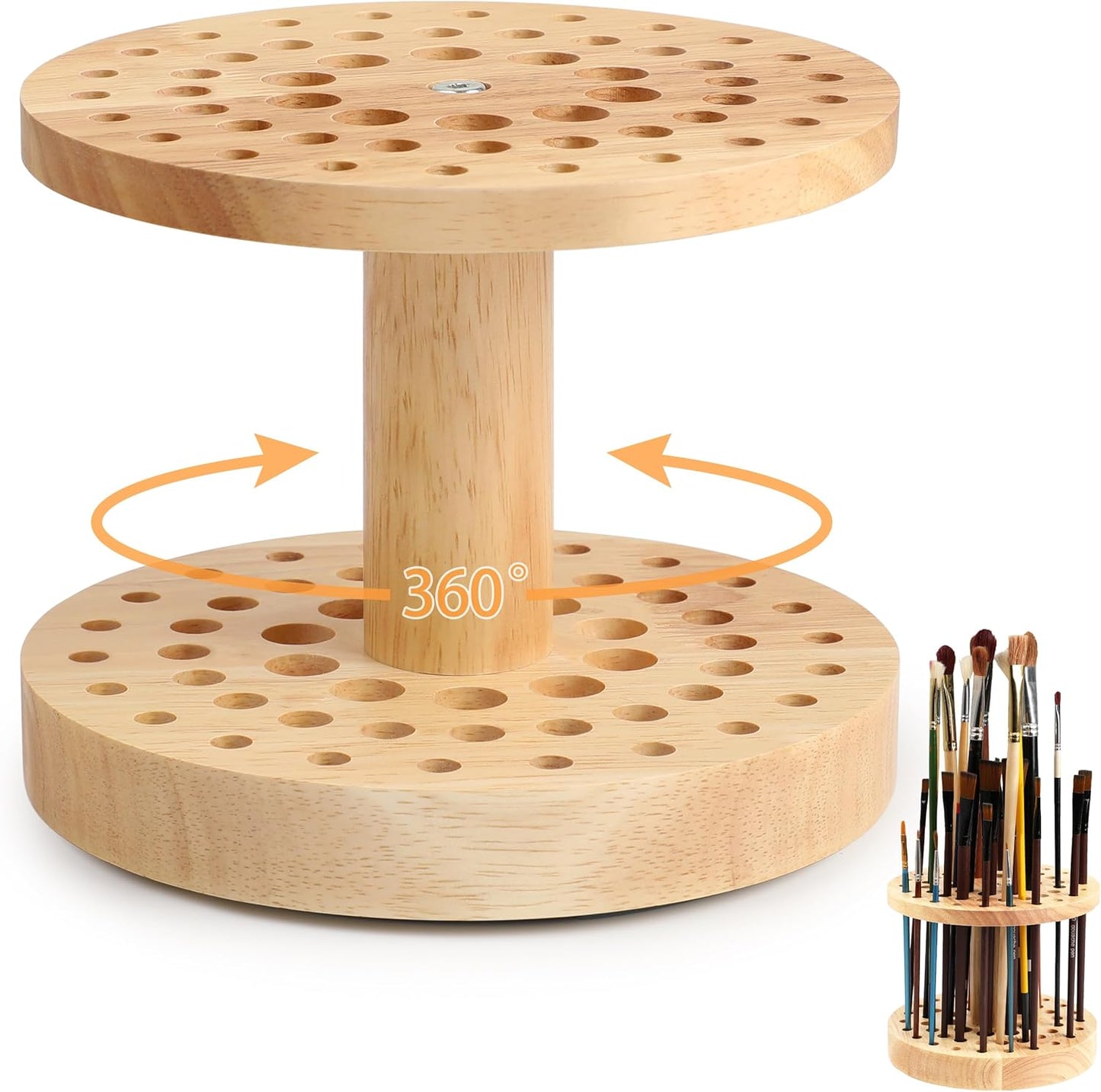 52 Holes Paint Brush Holder, 360° Rotating Paint Brush Organizer, Hardwood Storage Stand Rack for Artists Brushes, Crafts Tools, Makeup Brush, Calligraphy Pens