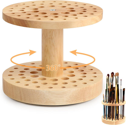52 Holes Paint Brush Holder, 360° Rotating Paint Brush Organizer, Hardwood Storage Stand Rack for Artists Brushes, Crafts Tools, Makeup Brush, Calligraphy Pens