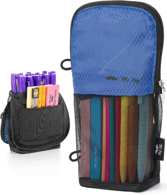 Mr. Pen- Standing Pencil Case Pouch, Sit & Lay Mesh-View Design, Black & Gray, Interior Pocket & 2 Elastic Binder Loops, Cute Pencil Case for Girls and Boys
