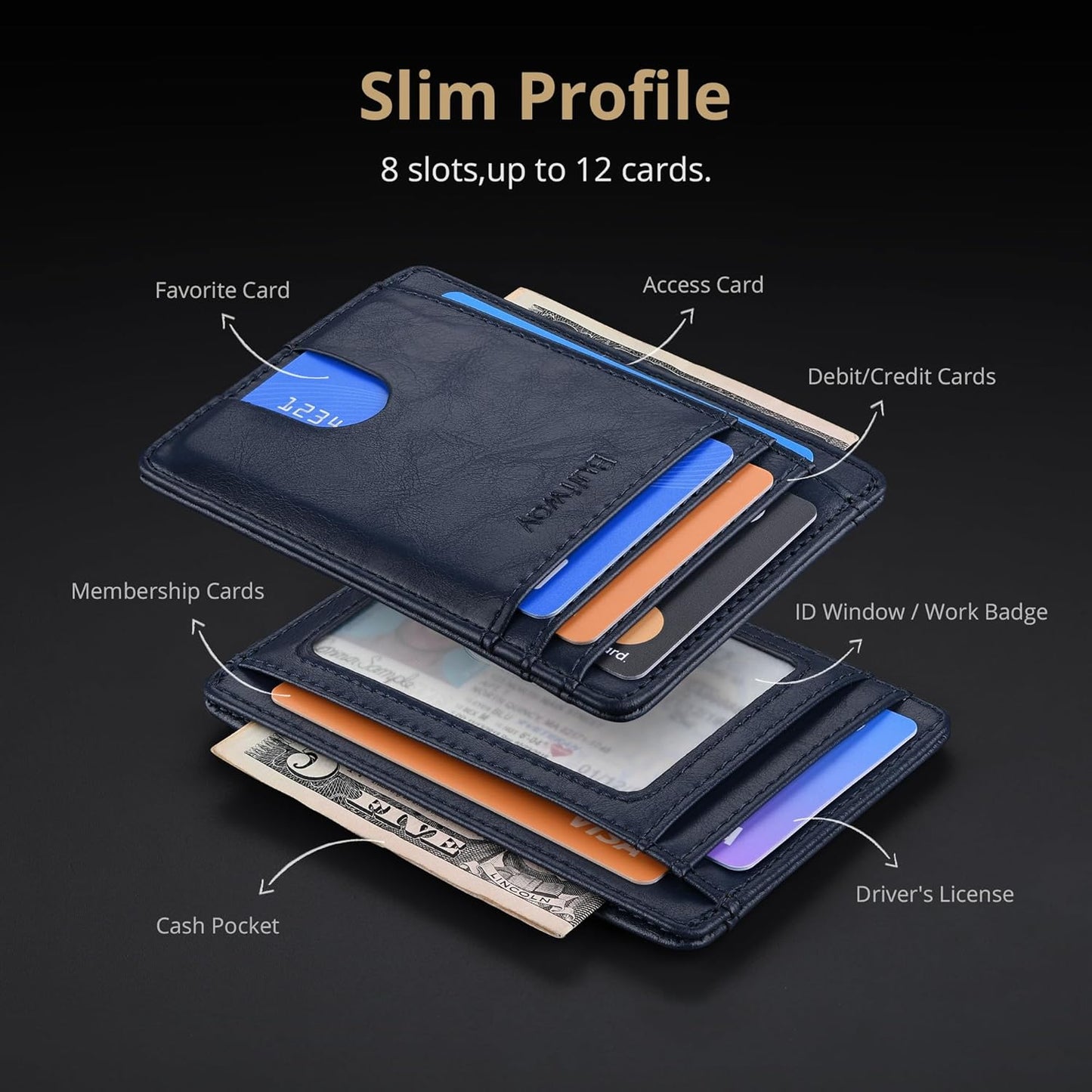 Buffway Slim Minimalist Front Pocket RFID Blocking Leather Wallets for Men and Women - Carbon Fiber Black - Colors B