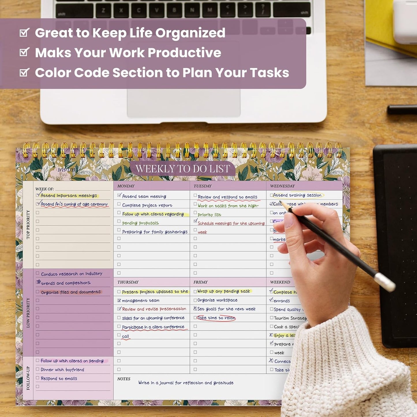 Weekly To Do List Notepad with 52 Undated Sheets（8.5"×11"）- Undated Weekly Planner Notepad for Office Desk Accessories and Supplies - Midnight Lilac