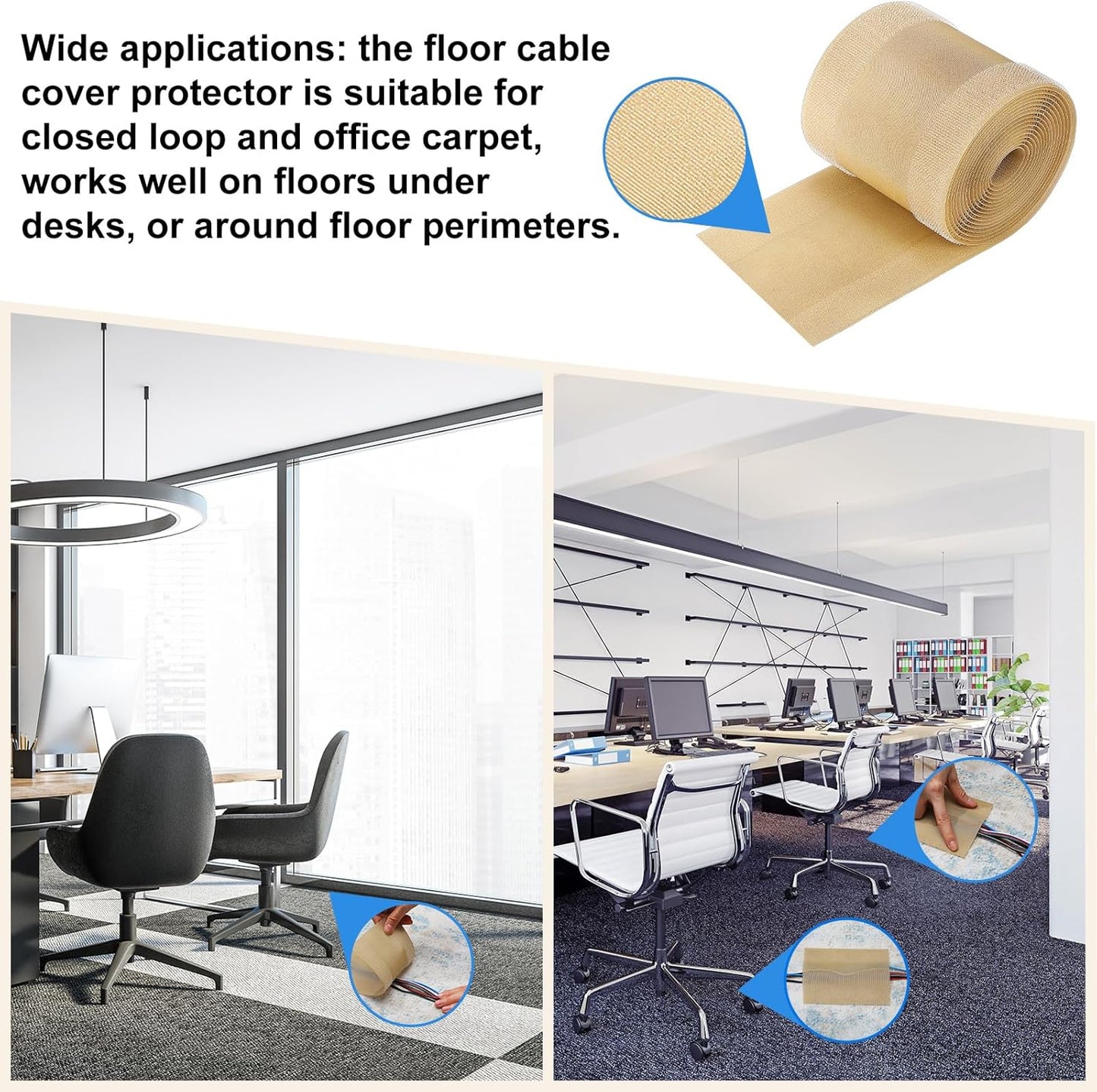 WILLBOND Carpet Cord Cover Cable Protector Floor Cover Cable Protector Management Only for Commercial Office Carpet(19.69 ft,Black)