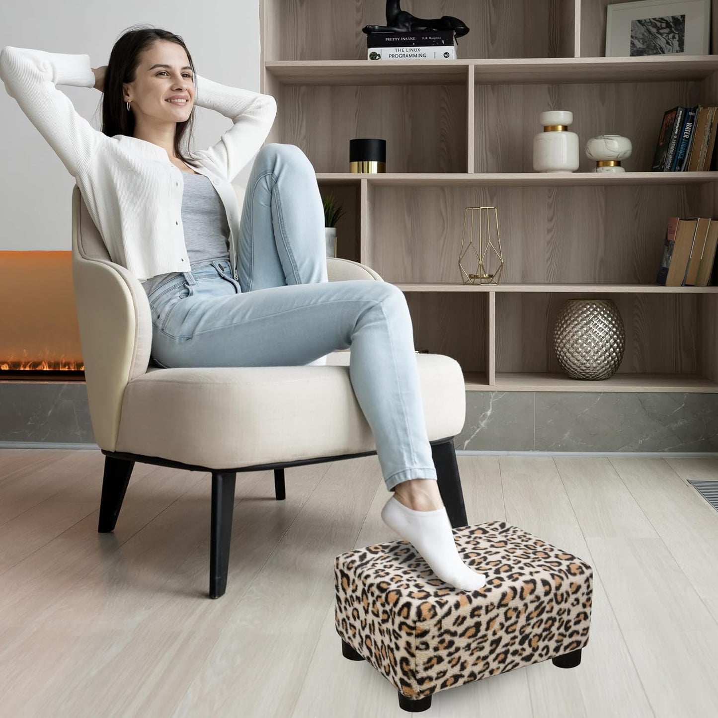 CAROLMADE Small Foot Stool Ottoman Footstool with Legs Under Desk Footrest for Living Room Bedroom and Office, Soft Ivory White