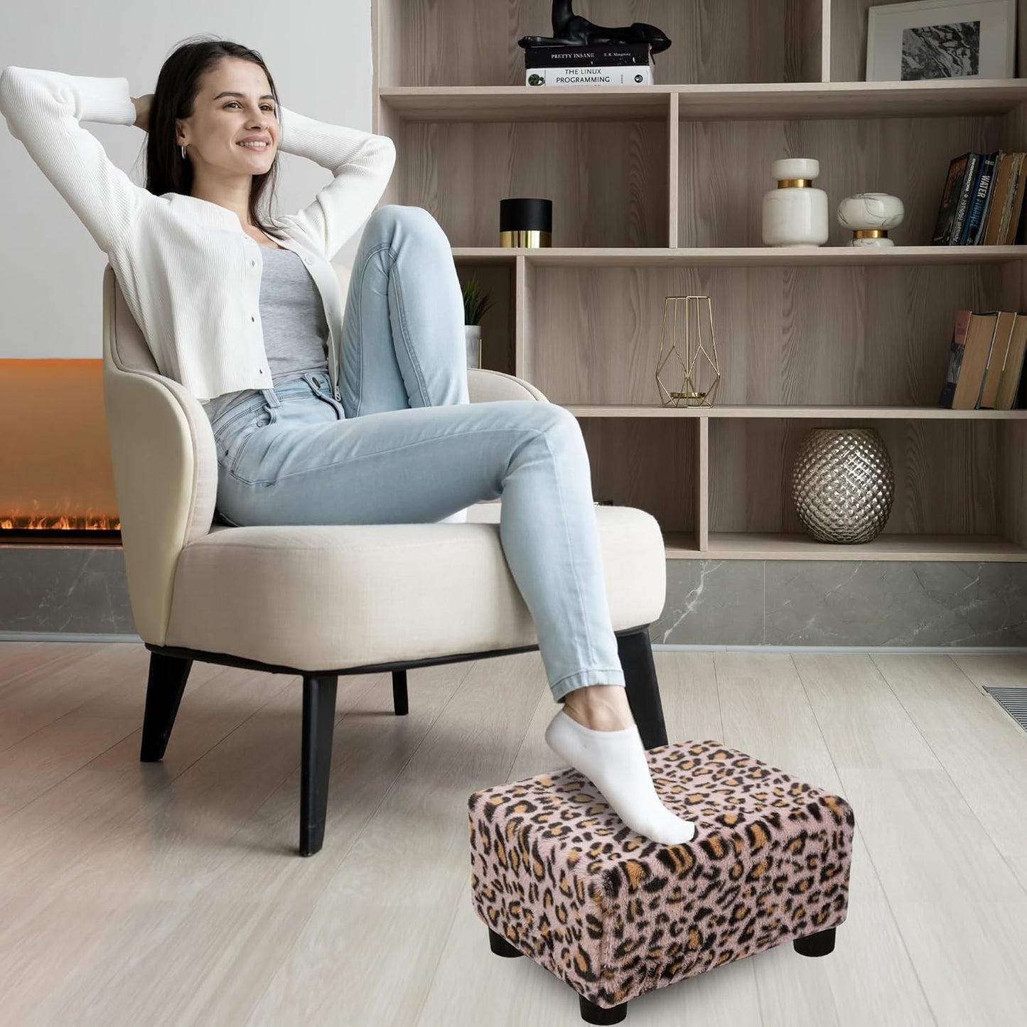 CAROLMADE Small Foot Stool Ottoman Footstool with Legs Under Desk Footrest for Living Room Bedroom and Office, Soft Ivory White
