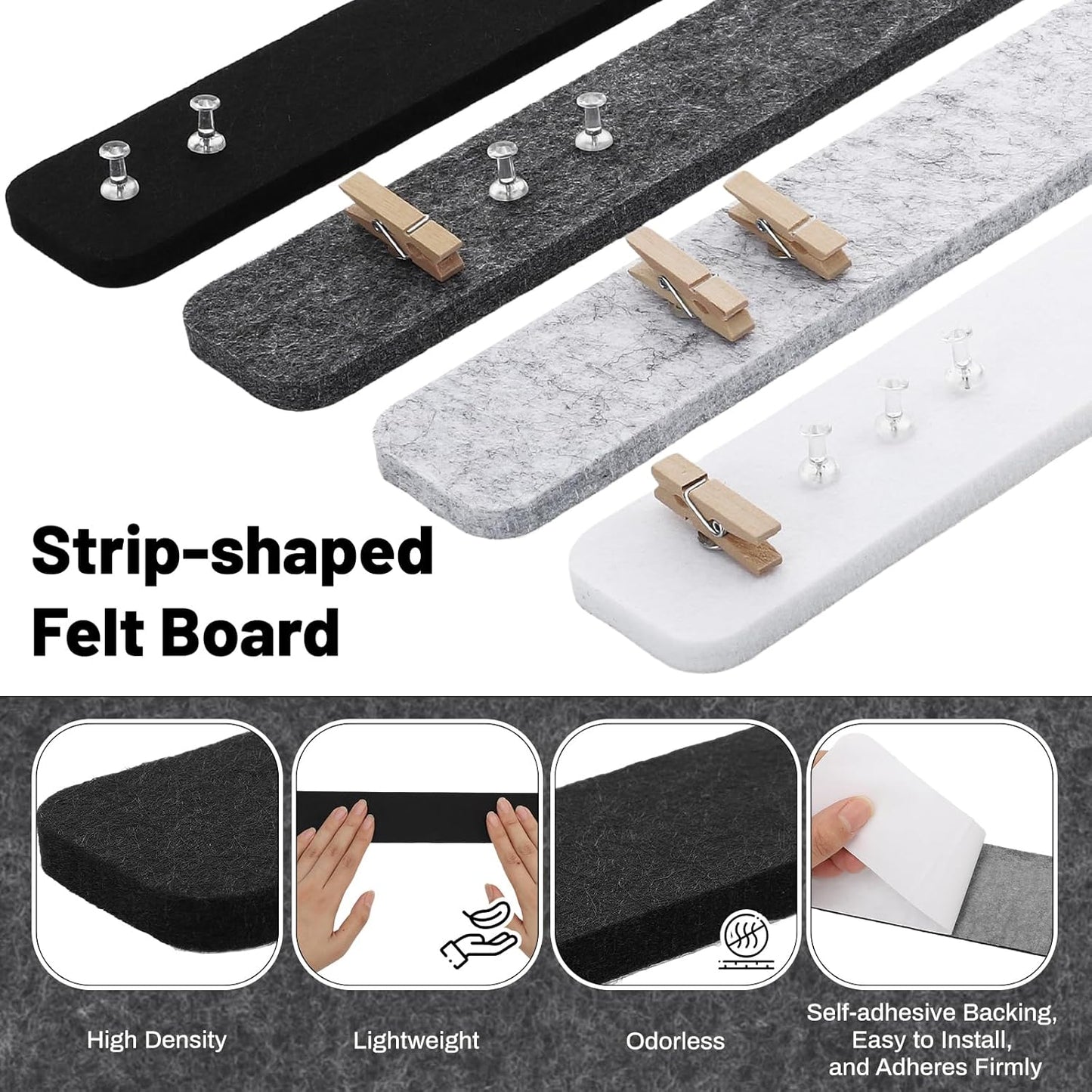 Thboxes 5 Pack Felt Bulletin Board Strips, 13x2 Inch Self Adhesive Felt Pin Boards with 30 Pushpins, Cork Board for Walls Home Office Decor(Black)