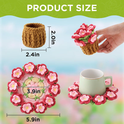 Flower Crochet Coasters, Handmade Bouquet Blanket Coaster with Crochet Plant Pot Fun Soft Decorative Drink Coasters for Coffee Tabletop Protection and Home Decor (Pink, 1Pc)