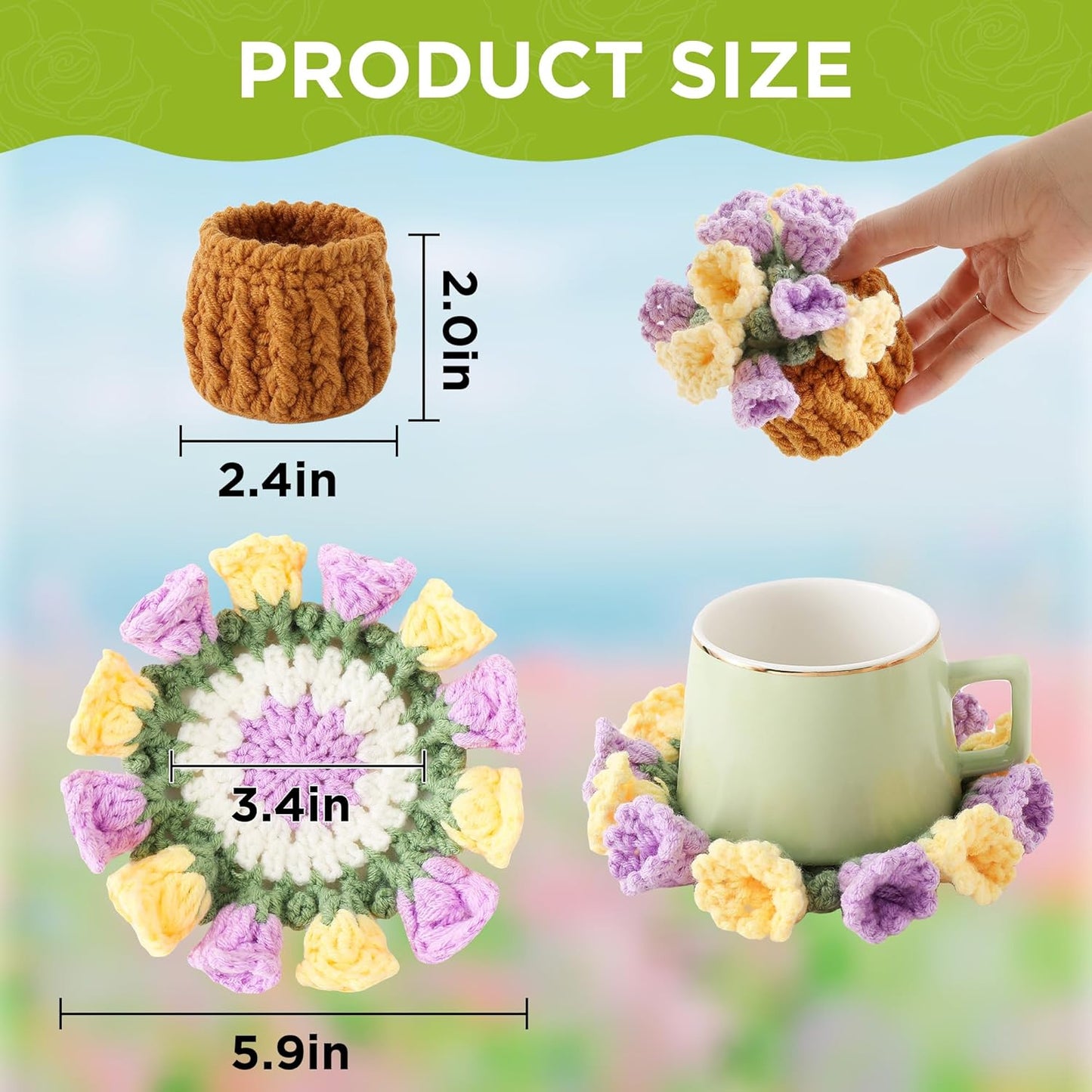 Flower Crochet Coasters, Handmade Bouquet Blanket Coaster with Crochet Plant Pot Fun Soft Decorative Drink Coasters for Coffee Tabletop Protection and Home Decor (Pink, 1Pc)