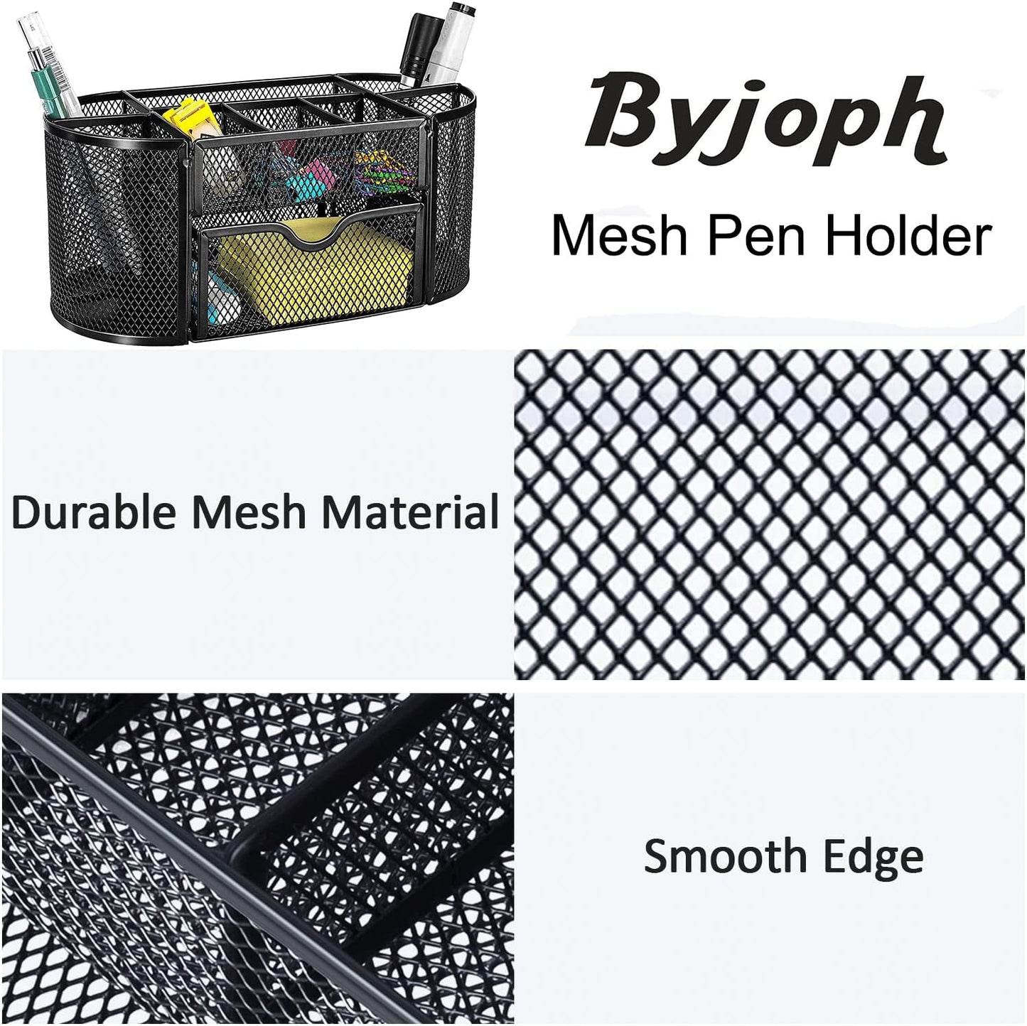 2-Piece Desk Pen & Pencil Organizer - Mesh Metal Pen Cup with Sticky Notes Holder, Black | Pen Cup