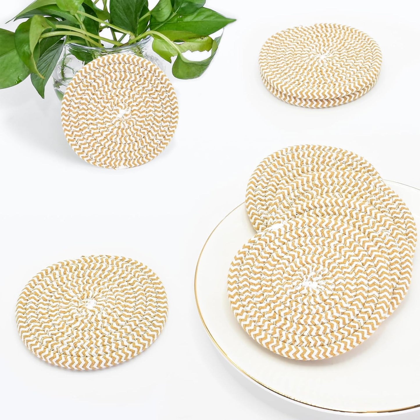 ABenkle 8 Pcs Drink Coasters with Holder, Cotton Woven Absorbent Coasters for Drinks, Minimalist Home Decor Coaster Set for Wooden Tabletop Protection Table, 4.3 inches Mixed Brown