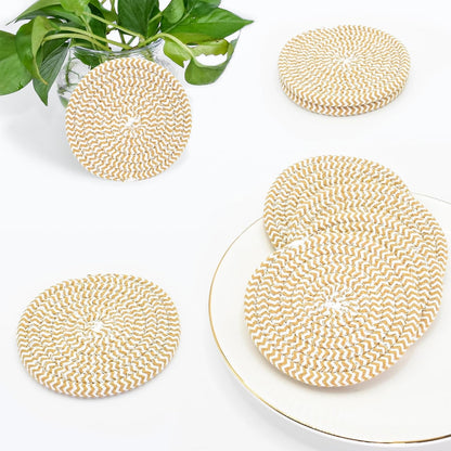 ABenkle 8 Pcs Drink Coasters with Holder, Cotton Woven Absorbent Coasters for Drinks, Minimalist Home Decor Coaster Set for Wooden Tabletop Protection Table, 4.3 inches Mixed Brown