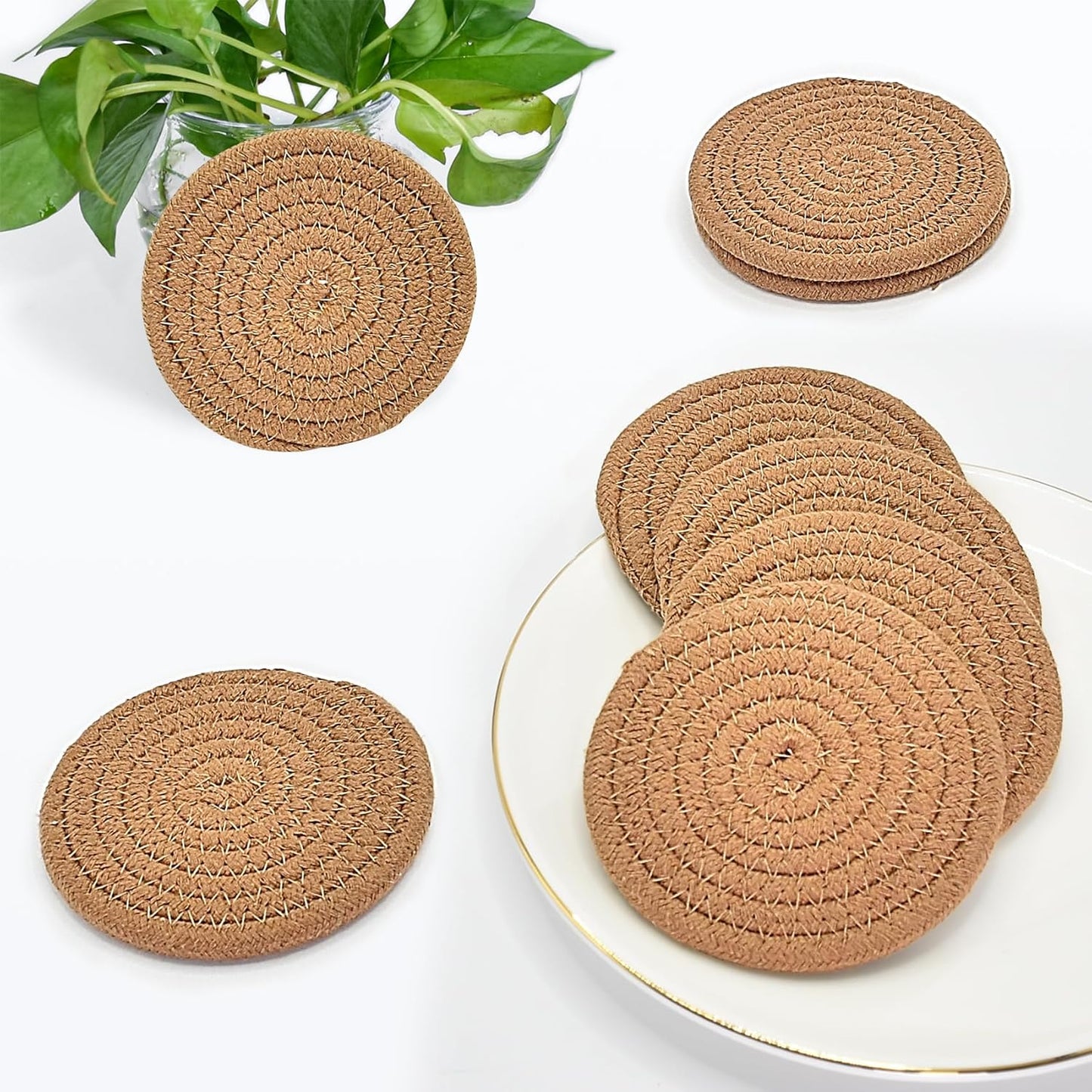 ABenkle 8 Pcs Drink Coasters with Holder, Cotton Woven Absorbent Coasters for Drinks, Minimalist Home Decor Coaster Set for Wooden Tabletop Protection Table, 4.3 inches Mixed Brown