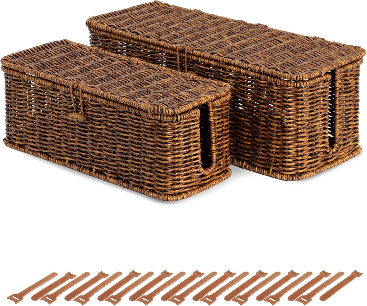 BROWNLILY Cable Management Box, Rattan Style Cord Organizer for Desk Cord Hider Outlet Covers Baby Proofing for Power Strip TV PC Router Charger Under Desk Storage with Lockable Lid and Cable Ties