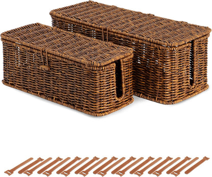 BROWNLILY Cable Management Box, Rattan Style Cord Organizer for Desk Cord Hider Outlet Covers Baby Proofing for Power Strip TV PC Router Charger Under Desk Storage with Lockable Lid and Cable Ties