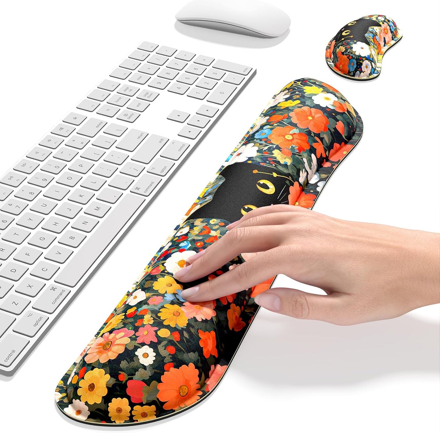 Dapesuom Enlarge Keyboard Wrist Rest, Memory Foam Wrist Cushion for Desk Mat Support, Cute Pain Relief Keyboard Mouse Pad Rests Set with Non-Slip Base for Gaming Laptop Office Computer, Elegant Flower