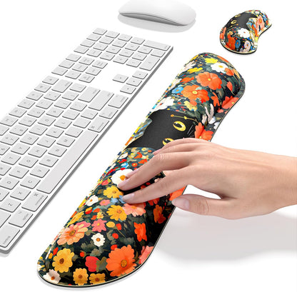 Dapesuom Enlarge Keyboard Wrist Rest, Memory Foam Wrist Cushion for Desk Mat Support, Cute Pain Relief Keyboard Mouse Pad Rests Set with Non-Slip Base for Gaming Laptop Office Computer, Elegant Flower