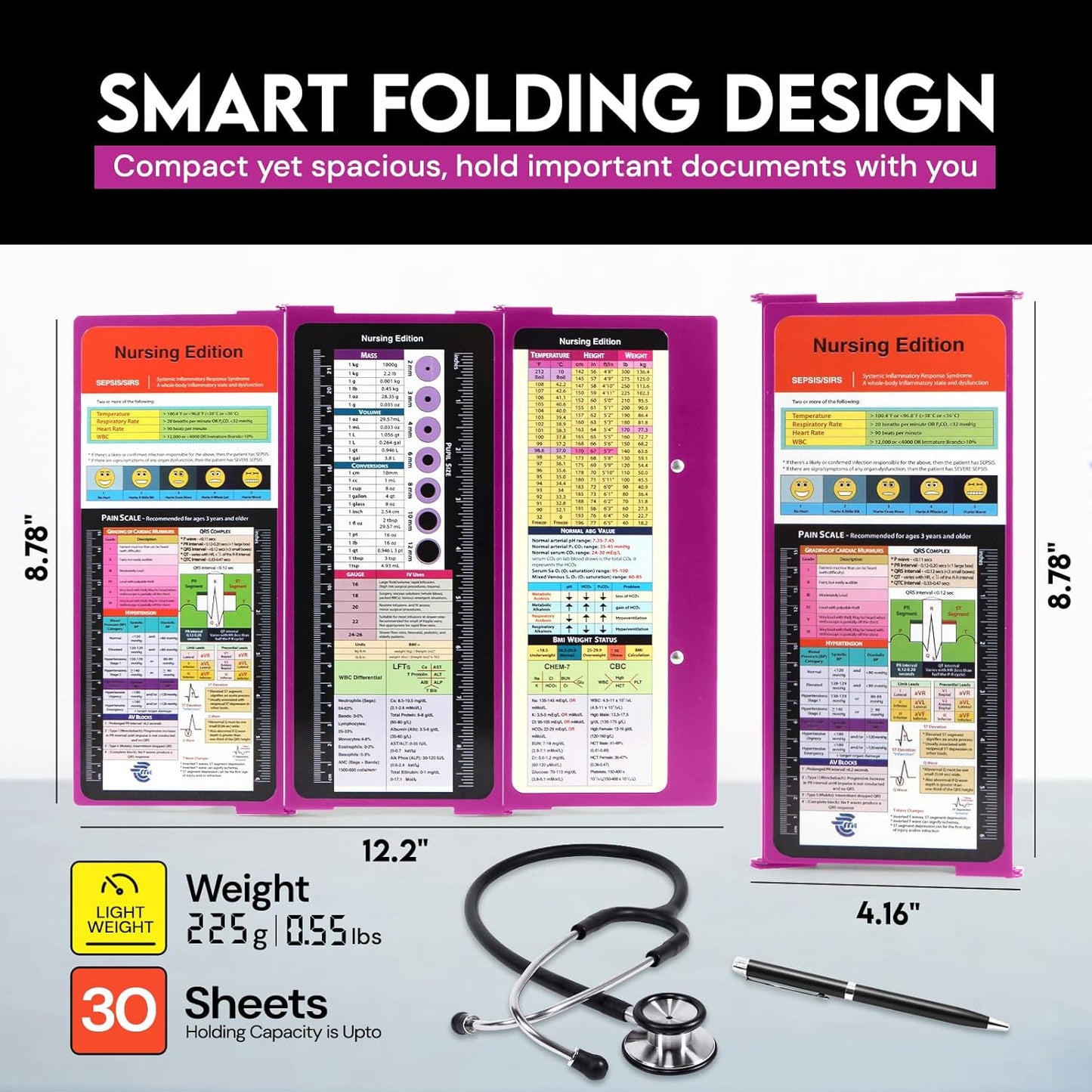 Nursing Clipboard Foldable with Medical Edition Cheat Sheets, 3 Layers Aluminum Foldable Clipboard for Nursing, Notepad for Students, Nursing School Essentials (Black)