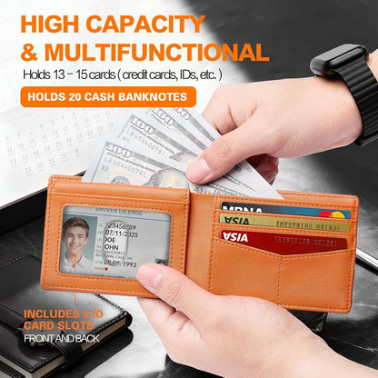 Wallet for Men Slim RFID Blocking Bifold Carbon Fiber,Minimalist Small Compact Front Pocket Credit Card Holder,Thin Mens Leather Wallets Smart Security With 2 ID Windows 1 Cash,Birthday Gifts for Men