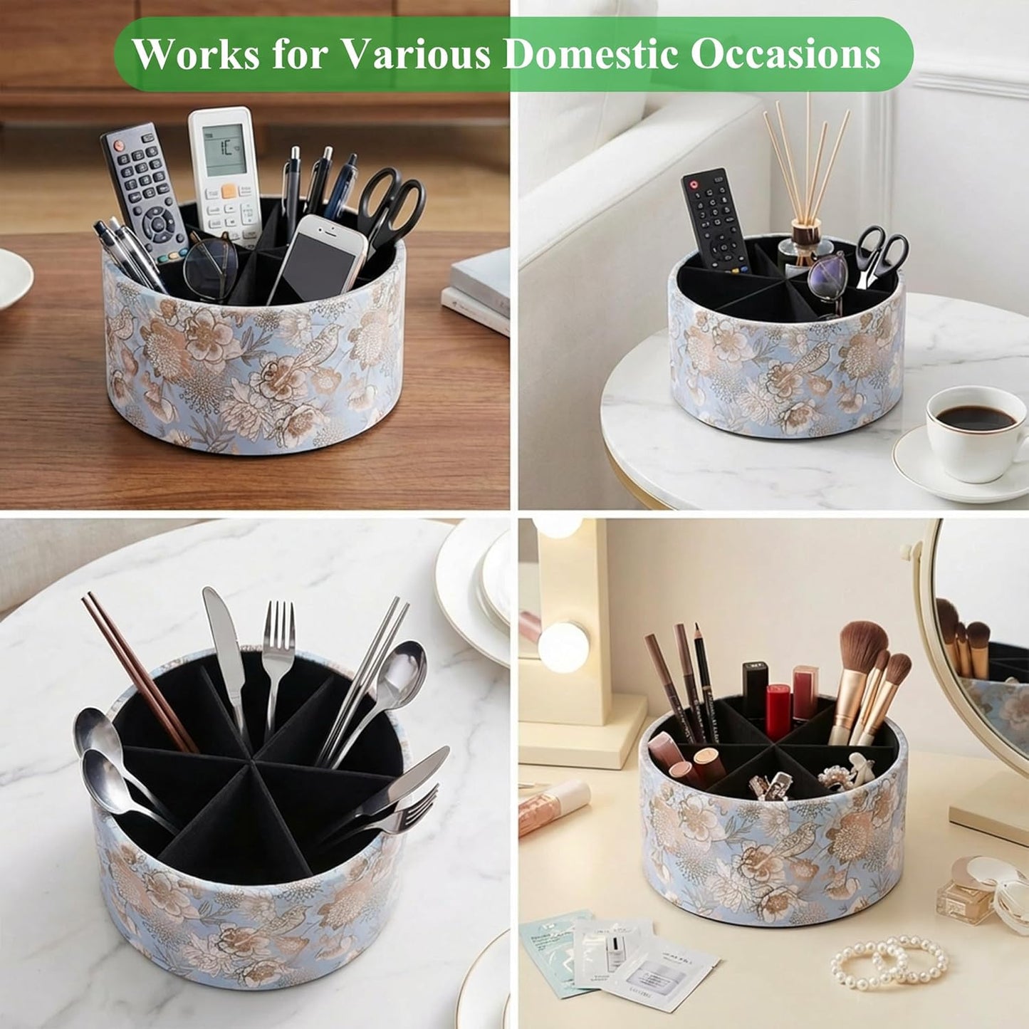 Round Leather Art Supply Organizer,Remote Control Holder,360 Degree Rotating,Multi-Functional Pencil Holder,4 Compartments Desktop Stationary Organizer(1-Fractal Flower) | Round - Colors B
