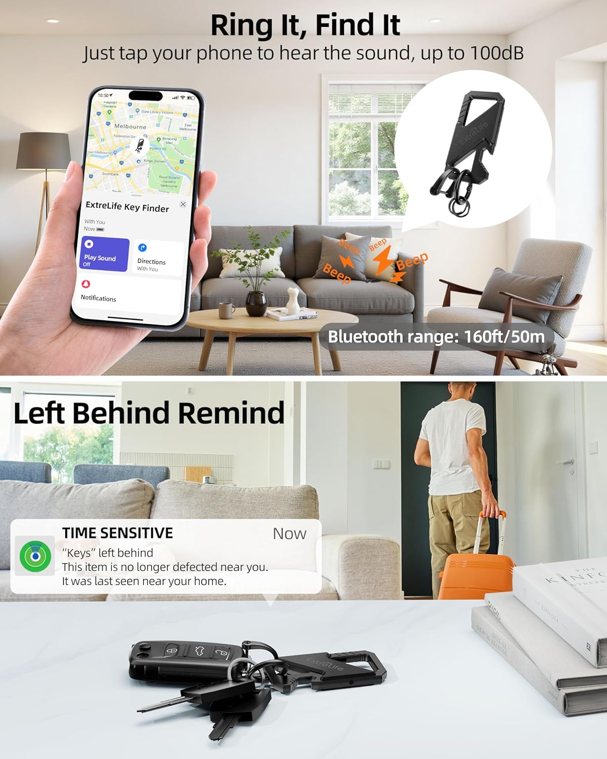 Keychain, Works with Apple Find My, Heavy Duty Keychain Bottle Opener, Carabiner Car Key Chains for Men & Women, Car Key Fob Holder, Anti-Lost Keys Tracker, Smart Keys Finder, Rechargeable, Black
