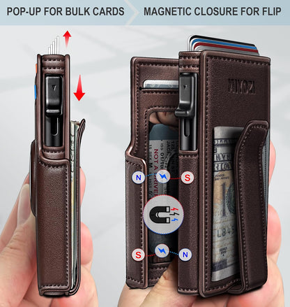 miyozi Airtag Wallet for Men,with Money Clip 10 Cards Metal Case Smart Slim Pop Up Credit Card Holder Flip with Magnetic Closure RFID Blocking wallet with Gift Box