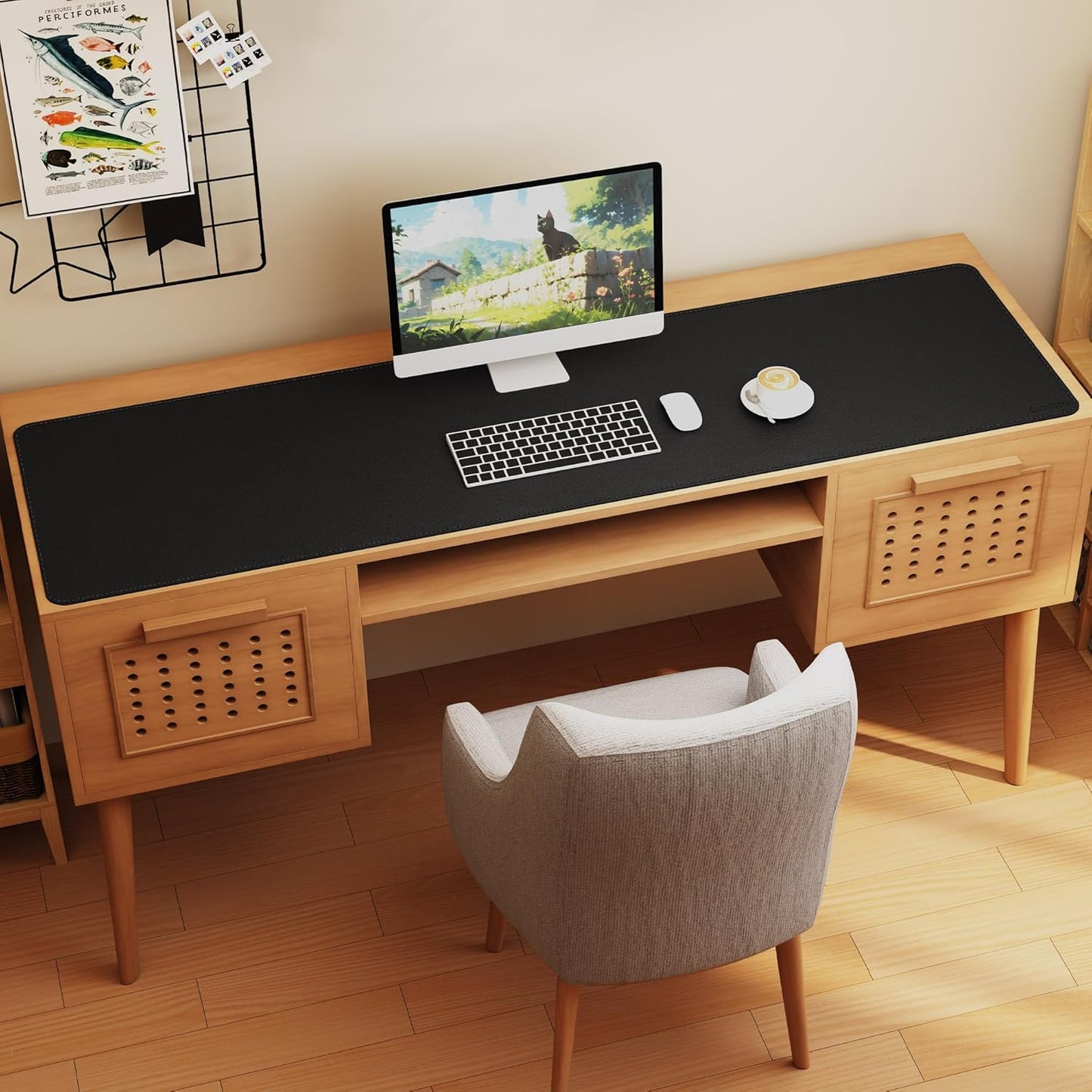 Chihein 2XL 35" x 16" Cork & PU Leather Desk Mat, Dual Sided Desk Pad Protector, Waterproof Writing Blotter for Gaming, Office, Home (Black)