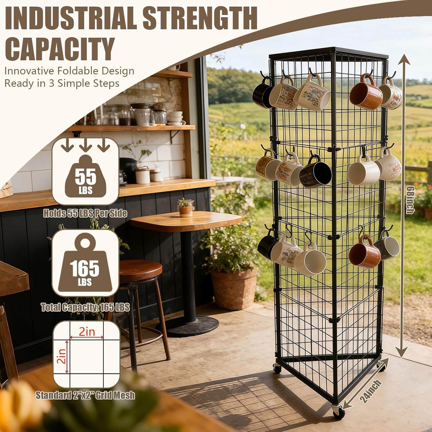 Grid Wall Panels Foldable Gridwall Display Stand 3-Sided Triangular with Wheels, Rolling Wire Grid Tower for Craft Show, Retail & Vendor Event(24" x 68")