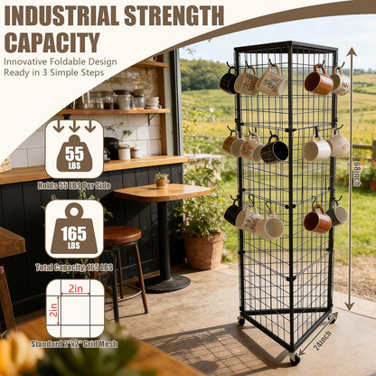 Grid Wall Panels Foldable Gridwall Display Stand 3-Sided Triangular with Wheels, Rolling Wire Grid Tower for Craft Show, Retail & Vendor Event(24" x 68")