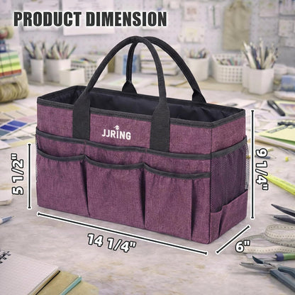 JJRING Large Art Supply Storage Tote Bag With 2 Mesh Side Pockets & Front Elastic Pockets – Sturdy Craft Organizer Caddy with Reinforced Bottom For Sewing, Scrapbooking, Teachers & Artists(Green) | Breathable Material