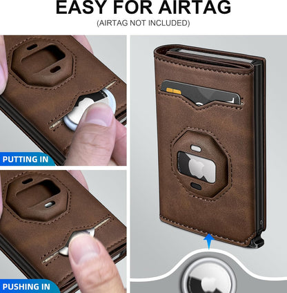 Airtag Wallet for Men,with Cash Pocket 2 ID Window 10+ Cards,Metal Case Smart Slim Pop Up Credit Card Holder Flip with Magnetic Closure RFID Blocking Trifold Leather wallet with Gift Box