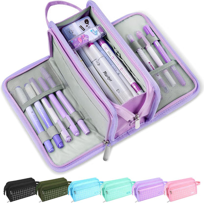 Sooez Large Pencil Case, Big Capacity Pencil Pouch Pen Bag with 3 Compartment, Portable Canvas Stationery Organizer with Zipper, Cute Aesthetic School Supplies for Teen Girls College, Pink with Plaid