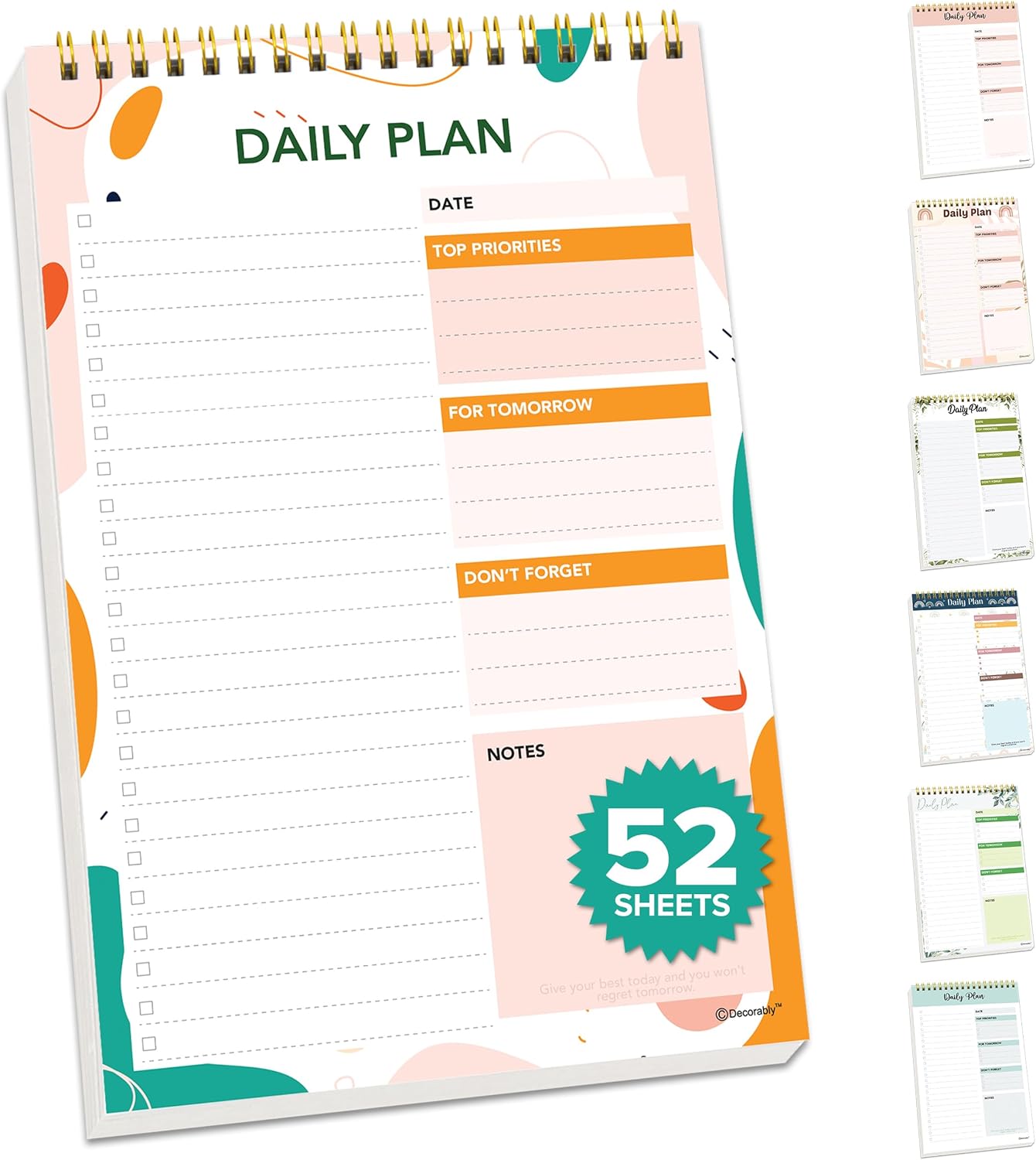 Decorably 52 Sheets Nude Pink Undated Daily to Do List Notepad, 6.5x10in Spring-Bound Easy Tear-Off Design, with Priorities, Checklist, Agenda, Reminders, Notes - Home, School, Office