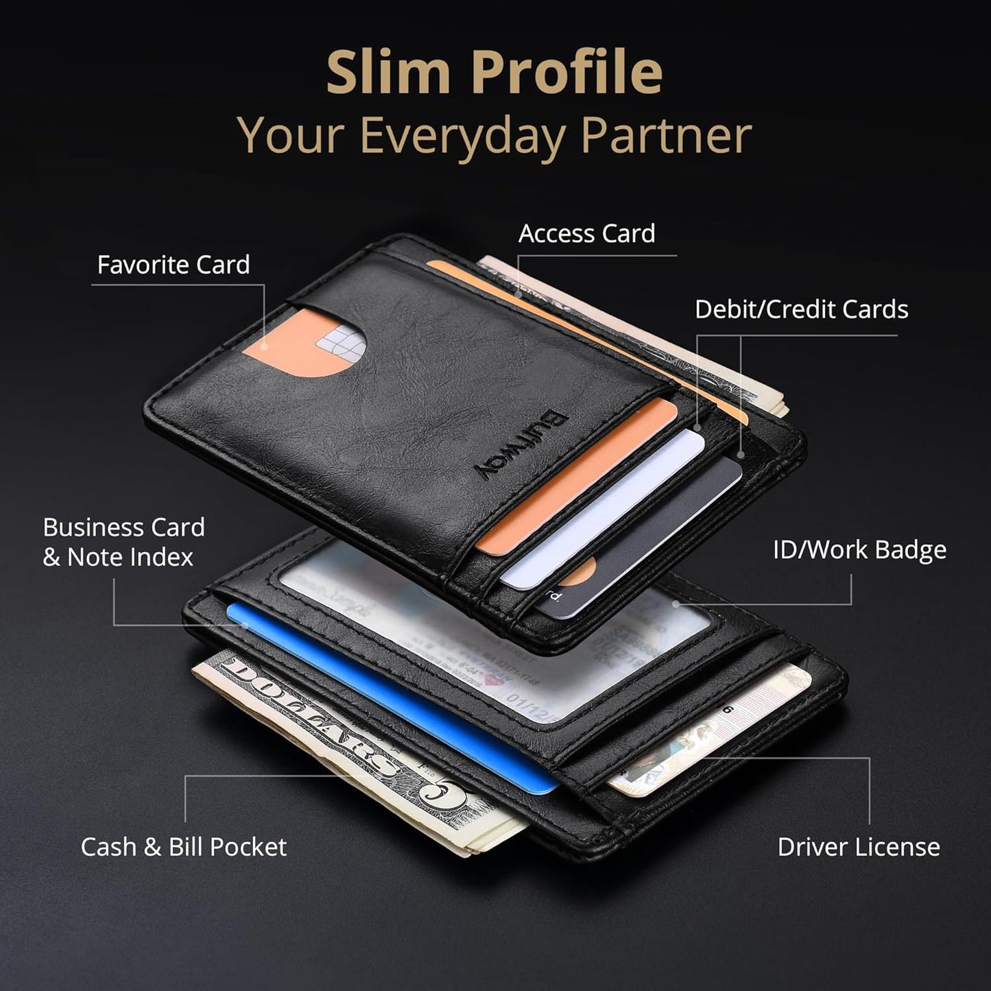 Buffway Slim Minimalist Front Pocket RFID Blocking Leather Wallets for Men and Women - Carbon Fiber Black - Colors A