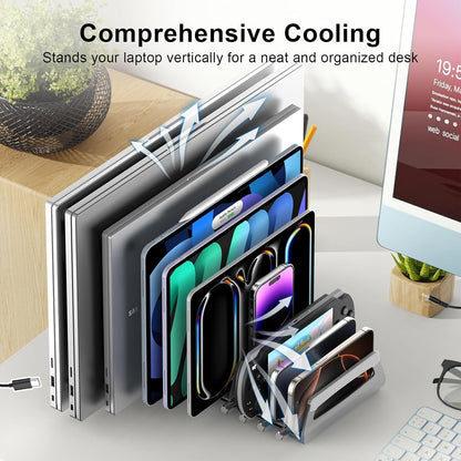 Elestoria 10-Slot Vertical Laptop Stand & Holder – Adjustable Aluminum Laptop Stand Vertical for Desk Fits 10 Devices, MacBook & Gaming Laptops (Up to 17.3”) – Space Saving Laptop Storage Rack - Grey