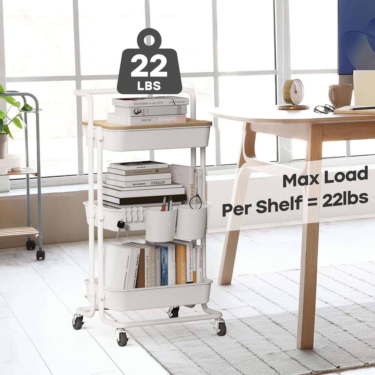 DTK 3 Tier Metal Utility Rolling Cart with Table Top and Side Bags, Tray Storage Organizer Wheels, Art Craft 4 Hooks for Kitchen Bathroom Office Living Room (Black)