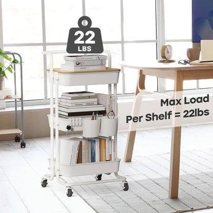 DTK 3 Tier Metal Utility Rolling Cart with Table Top and Side Bags, Tray Storage Organizer Wheels, Art Craft 4 Hooks for Kitchen Bathroom Office Living Room (Black)