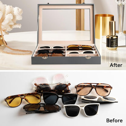 Frebeauty Sunglass Organizer,PU Leather Glasses Organizer,8-Slot Sunglasses Tray,Men's/Women's Sunglasses Box,Sunglass Case,13.3 x 9.6 x 1.5 Inches,Eyeglass/Eyewear Display Tray(Grey)