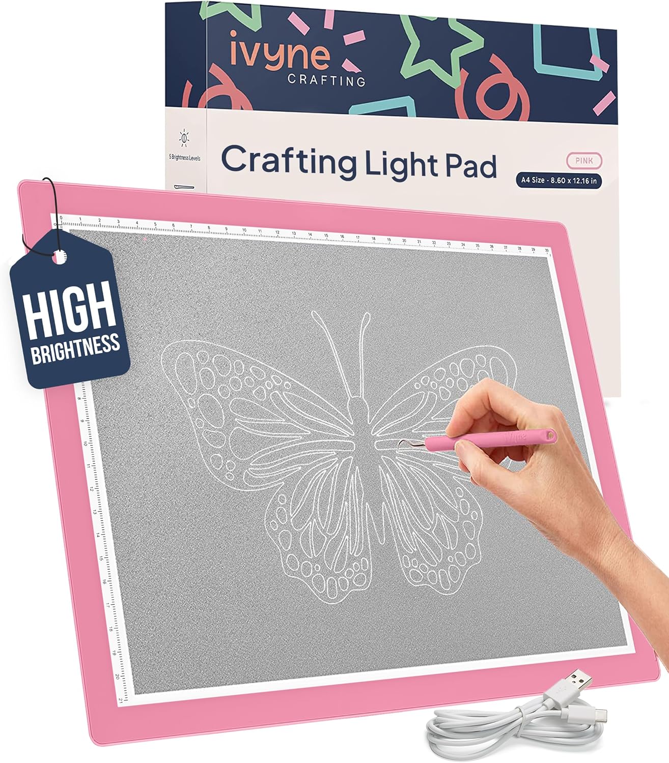 iVyne Rechargeable A4 Light Pad for Tracing & Weeding - LED Light Board for Weeding Vinyl - for Cricut Vinyl Weeding Tools - Ultra-Thin & Portable - Perfect for Artists & Crafters - Pink