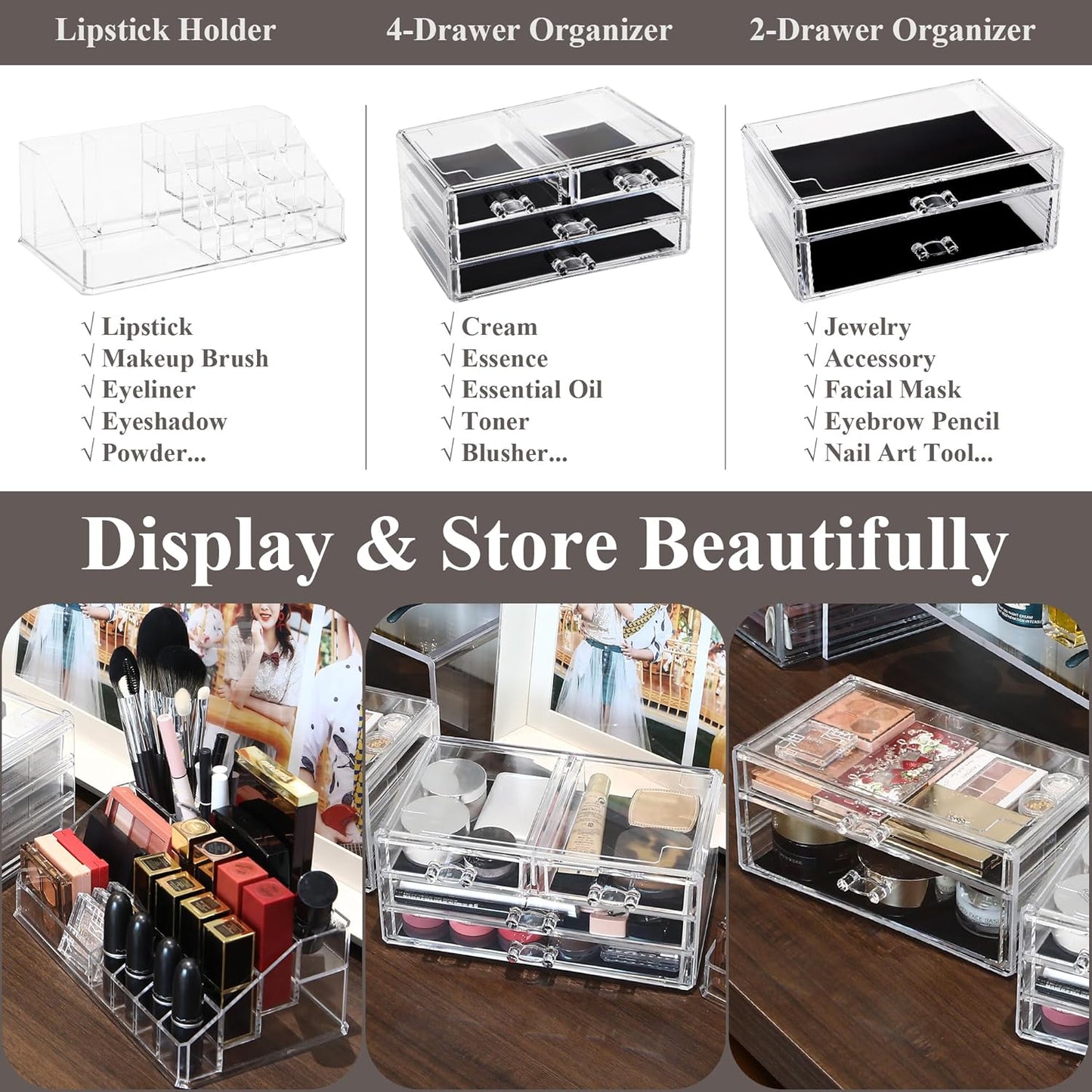 Sea Team Clear Makeup Organizer with Drawers, Acrylic Plastic Cosmetic Display Case, Jewelry Storage Box, Holder for Dresser, Bathroom, Vanity, Countertop (3 Middle Drawers)