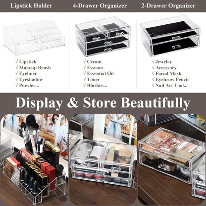 Sea Team Clear Makeup Organizer with Drawers, Acrylic Plastic Cosmetic Display Case, Jewelry Storage Box, Holder for Dresser, Bathroom, Vanity, Countertop (3 Middle Drawers)