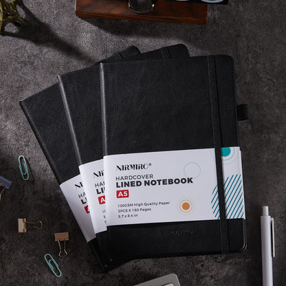NIRMIRO 3 Pack Pocket Notebook Journals, Small Notepad Notebooks for Note Taking, A6 Mini Note pads with Pen Holder, 408 Lined Pages, 3.7" x 5.7", Black, Brown, Blue