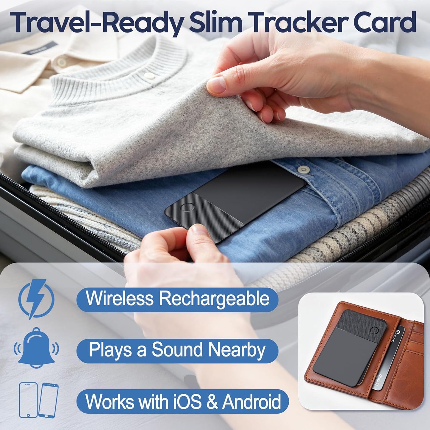 Apple Find My Wallet Tracker Card, Rechargeable Slim Bluetooth Wallet Finder for iPhone, Item Locator for Wallet, Keys, Passport & Luggage, iOS Only, Black