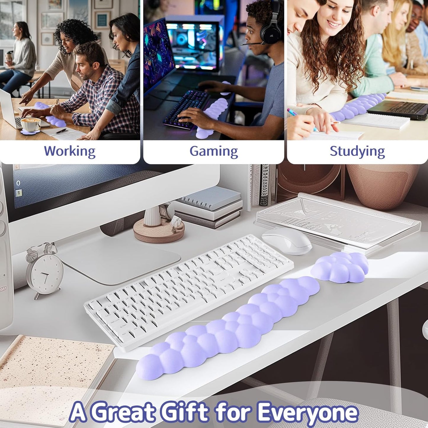 Sushret Cloud Wrist Rest for Keyboard and Mouse, Memory Foam PU Leather Keyboard Wrist Rest with Ergonomic Support, Non-Slip Base, Cute Arm Rest Pad & Palm Cushion, Office Desk Accessory, Purple