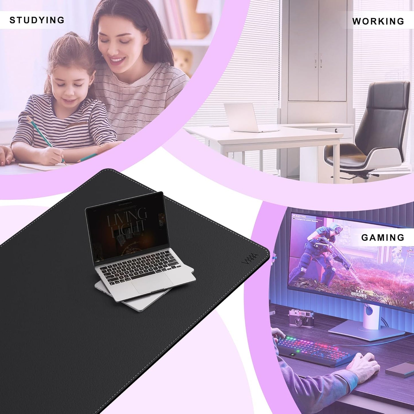Vyaaa PU Leather & Cork Desk Mat, 39.4"x15.7" Dual Sided Computer Desk mat, Waterproof Large Mouse Pad, Non-Slip Office Desk pad, Office Desk Protector for Work/Gaming/Home (Black)