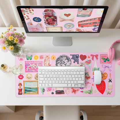Pink Desk Mat, Leather Desk Pad Blotter Protector, XXL Large Mouse Pad,Computer Laptop Mouse Pads for Desktop,Waterproof Writing Anti-Slip Mousepad for Office and Home I Colorful Stickers