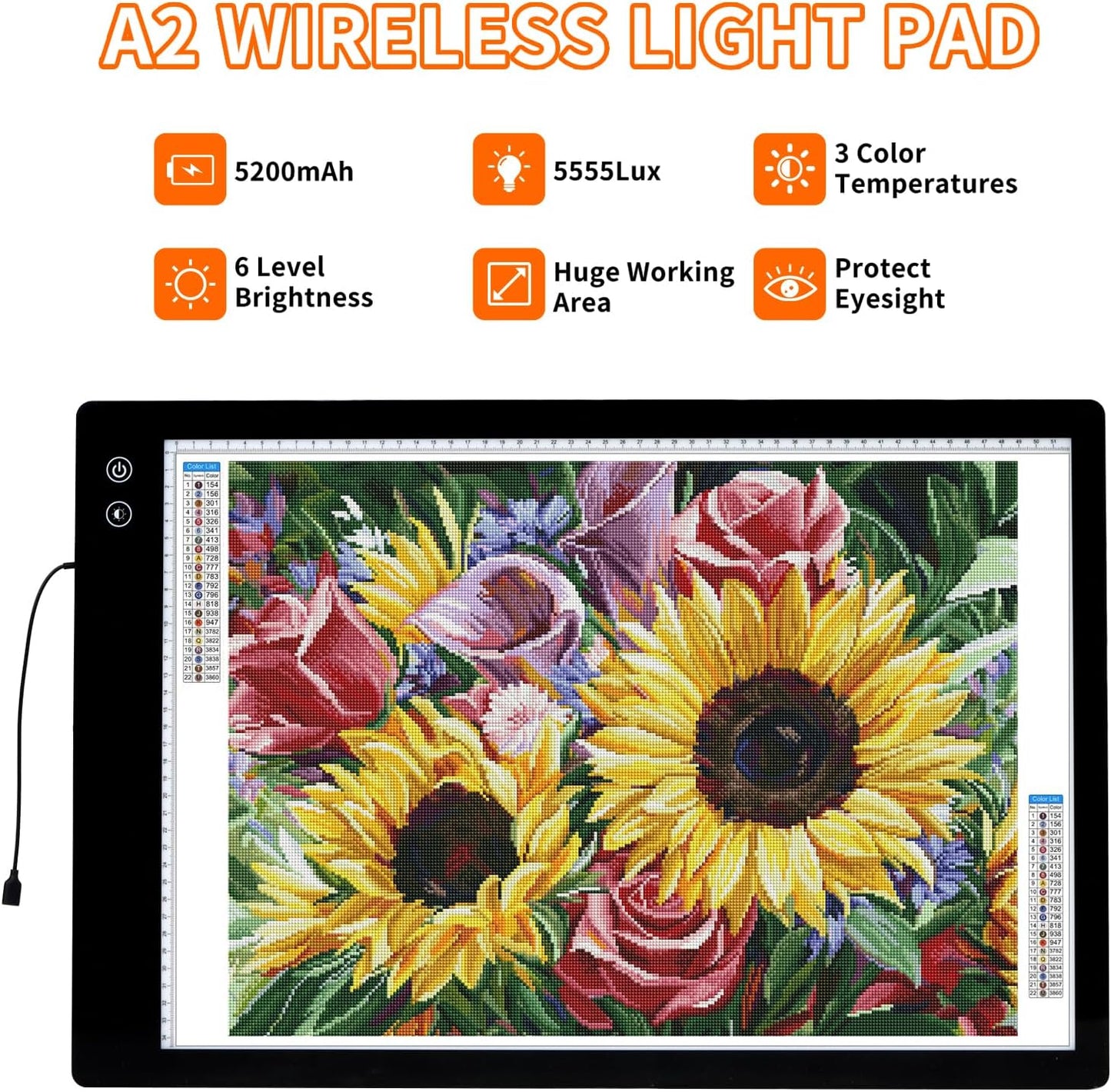 Rechargeable A2 Light Pad for Diamond Painting, 3 Colors High Bright Tracing Light Box with 6 Levels/Stepless Dimming, Fast Charging Adapter & 5555Lux, Large Drawing Light Board for Sketching