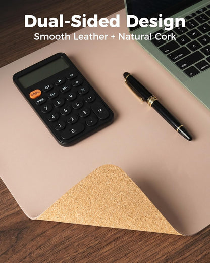 Aothia Dual-Sided Desk Pad - 25.6x13.7 inches Leather Desk Mat, Natural Cork Desk Pad Protector, Large Mouse Pad for Desk, Waterproof Desk Blotter Pad, Desk Writing Pad for Office Work/Home, Black
